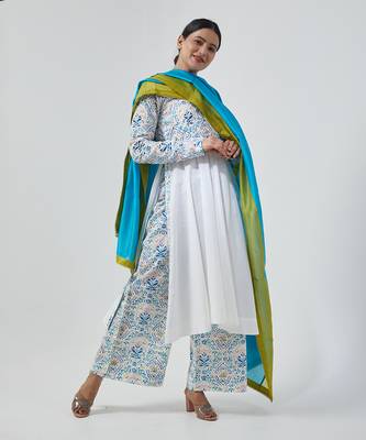 Aqua blue cotton handblock print anarkali set 1
