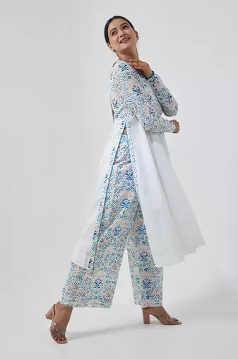 Aqua blue cotton handblock print anarkali set
