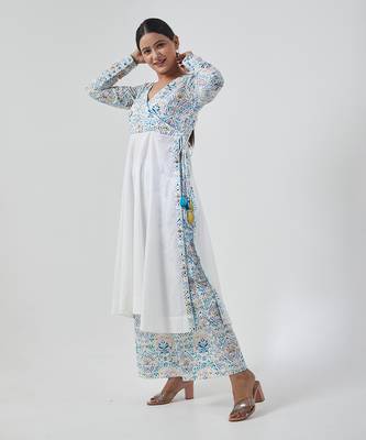 Aqua blue cotton handblock print anarkali set 3
