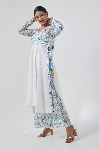 Aqua blue cotton handblock print anarkali set