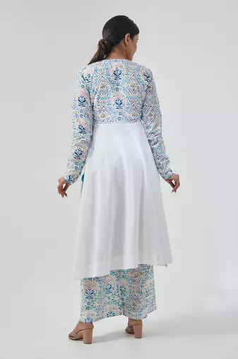 Aqua blue cotton handblock print anarkali set