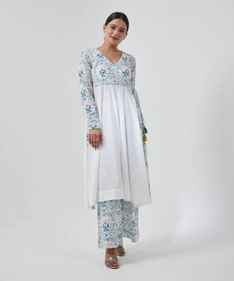 Aqua blue cotton handblock print anarkali set 5