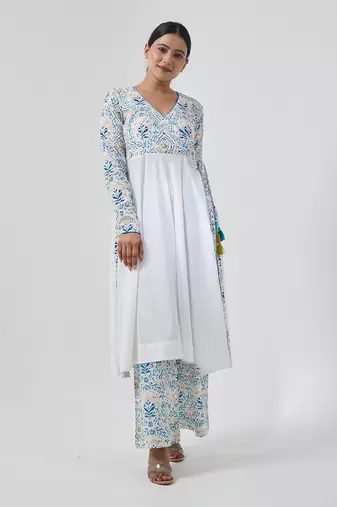 Aqua blue cotton handblock print anarkali set