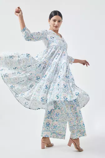 Aqua blue flared kurta set