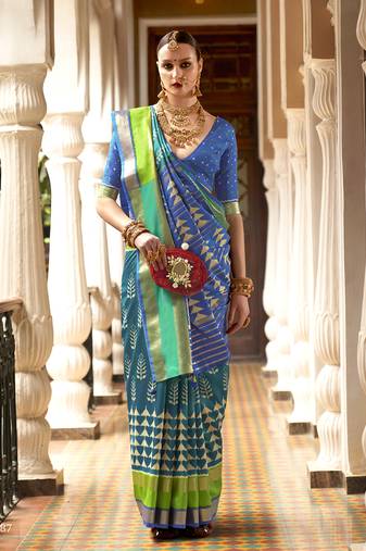 Turquoise Color Patola Silk blend Foil Print Work Traditonal Saree