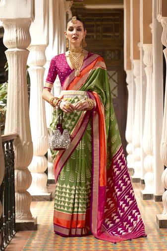 Green Color Patola Silk blend Foil Print Work Traditonal Saree