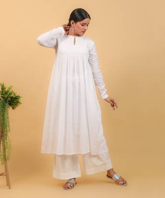 White cotton smocking anarkali set 1