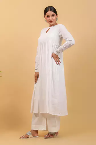 White cotton smocking anarkali set