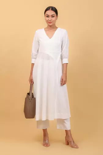 White cotton high slit anarkali set