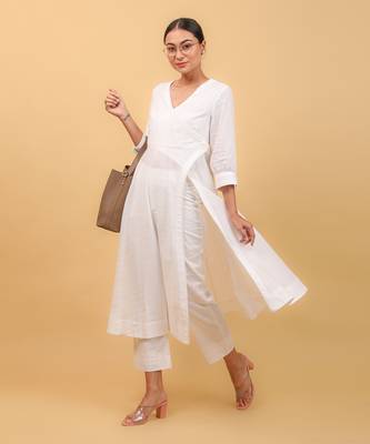 White cotton high slit anarkali set 3