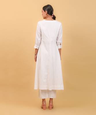 White cotton high slit anarkali set 4