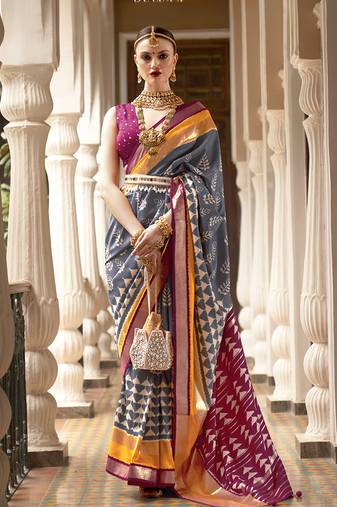 Grey Color Patola Silk blend Foil Print Work Traditonal Saree