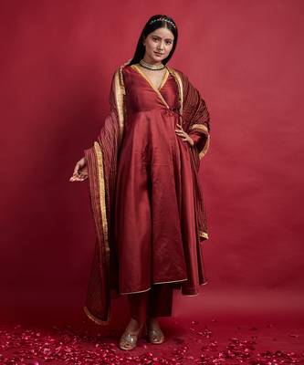 Maroon chanderi handloom anarkali set 1
