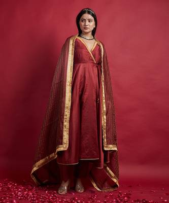 Maroon chanderi handloom anarkali set 2