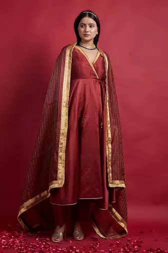Maroon chanderi handloom anarkali set