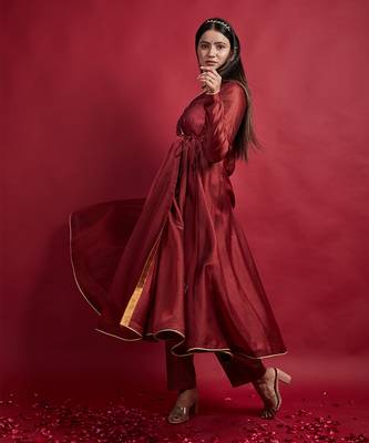 Maroon chanderi handloom anarkali set 4