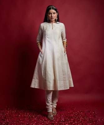 Ivory & gold stripes princess line anarkali set 1