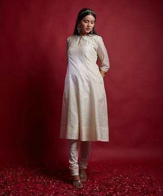 Ivory & gold stripes princess line anarkali set 2
