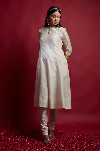 Ivory & gold stripes princess line anarkali set