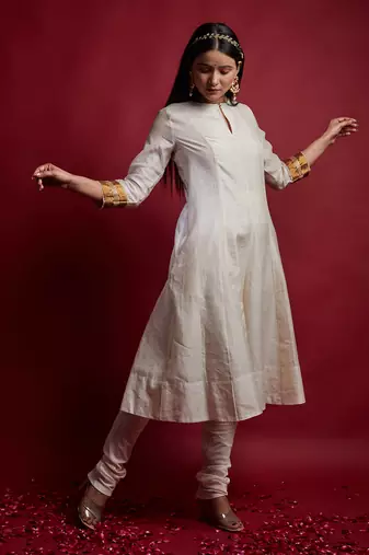 Ivory & gold stripes princess line anarkali set
