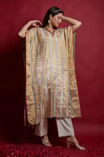 Gold zari stripe kaftan set