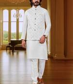 Art Silk White Men Jacket Kurta Pajama