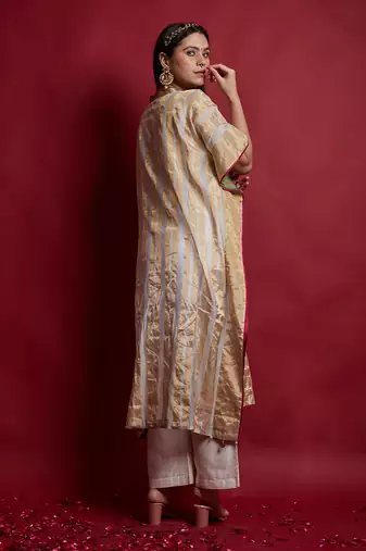 Gold zari stripe kaftan set