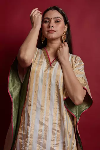 Gold zari stripe kaftan set