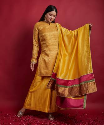 Turmeric yellow zigzag zari weave kurta set 1