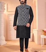 Art Silk Black Men Jacket Kurta Pajama