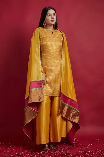 Turmeric yellow zigzag zari weave kurta set