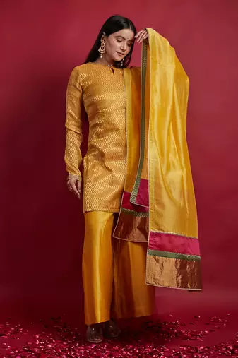 Turmeric yellow zigzag zari weave short kurta set