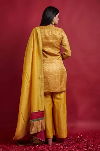 Turmeric yellow zigzag zari weave short kurta set