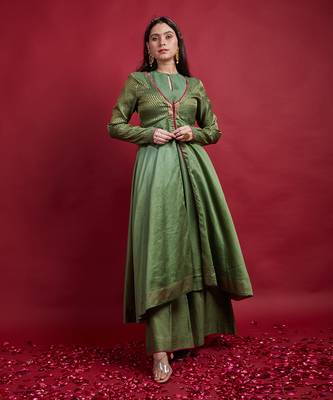 Olive green layered anarkali set 1