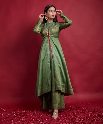 Olive green layered anarkali set 2