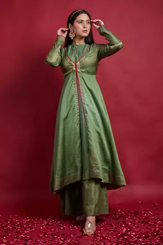 Olive green layered anarkali set