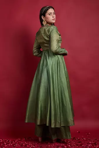 Olive green layered anarkali set