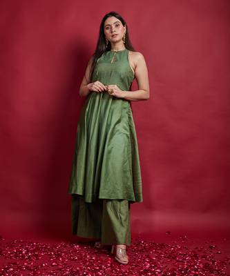 Olive green halterneck anarkali set 1