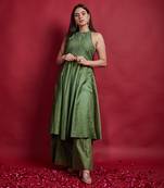 Olive green halterneck anarkali set