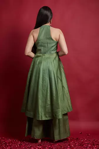 Olive green halterneck anarkali set
