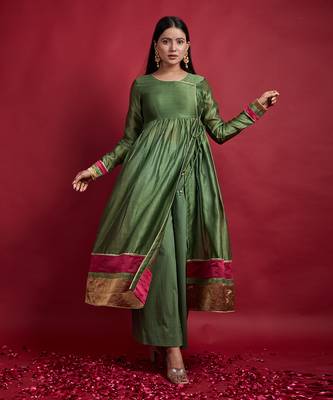 Olive green gathered wrap anarkali set 1
