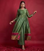Olive green gathered wrap anarkali set