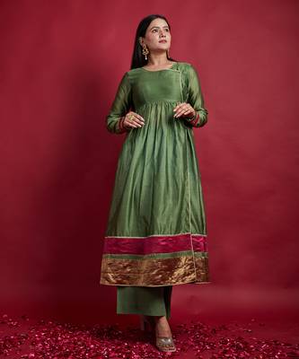 Olive green gathered wrap anarkali set 2