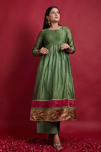 Olive green gathered wrap anarkali set