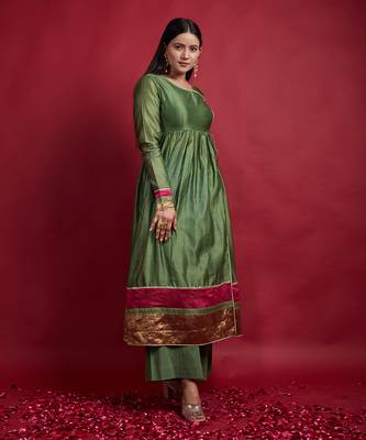 Olive green gathered wrap anarkali set 3