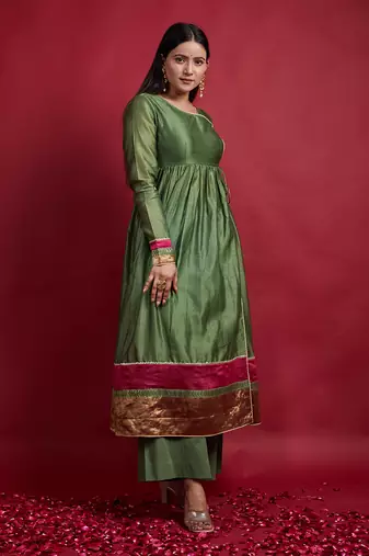 Olive green gathered wrap anarkali set