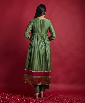 Olive green gathered wrap anarkali set 4