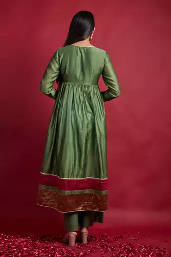 Olive green gathered wrap anarkali set