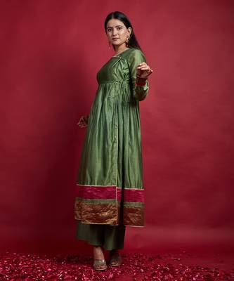 Olive green gathered wrap anarkali set 5
