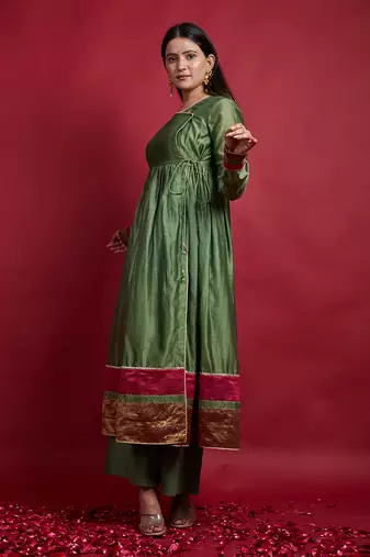 Olive green gathered wrap anarkali set